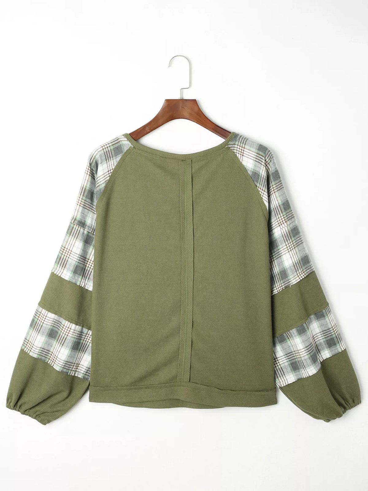 Plaid Patch Waffle Knit Exposed Seam Bubble Sleeve Top