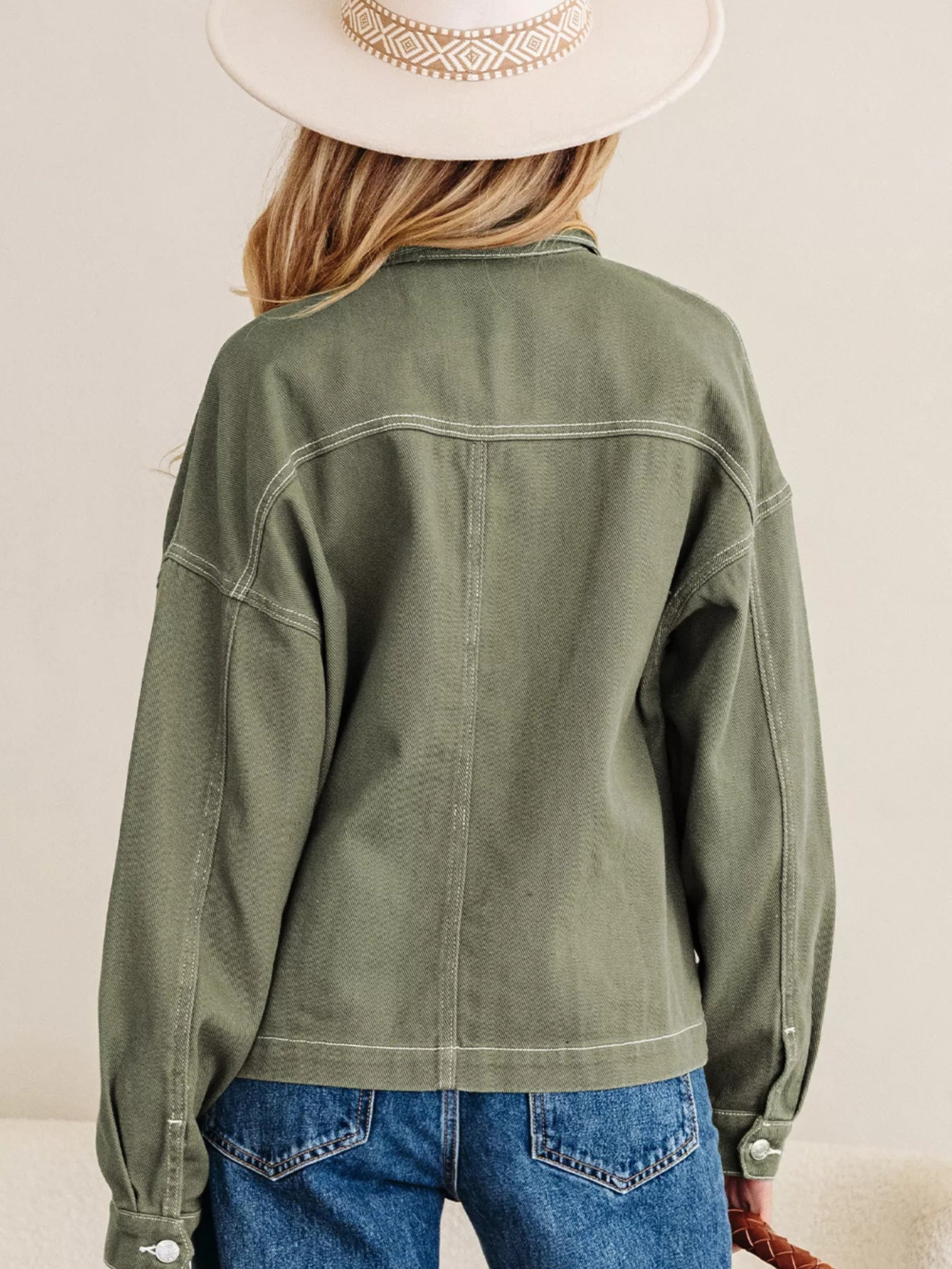 Patched Pocket Collared Button Front Boyfriend Denim Jacket