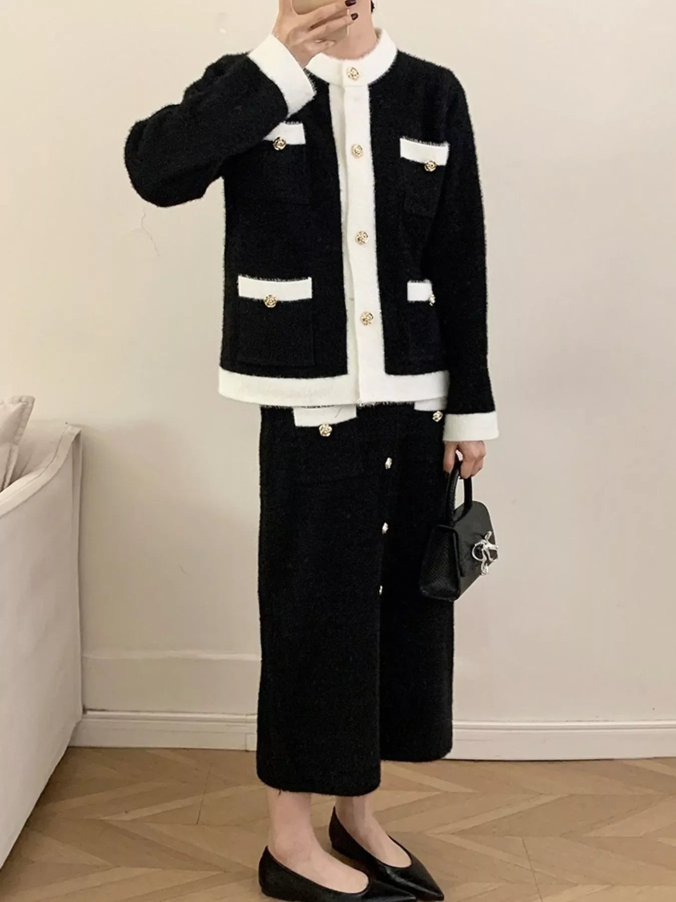 Contrast Trim Jacket and Skirts Sweater Set