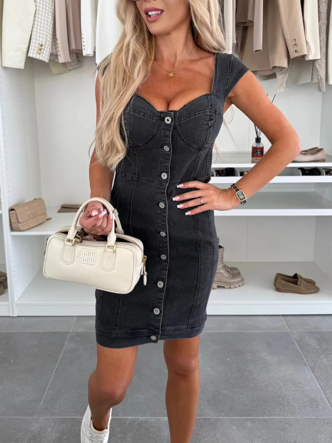 Sweetheart Neck Cap Sleeve Denim Dress