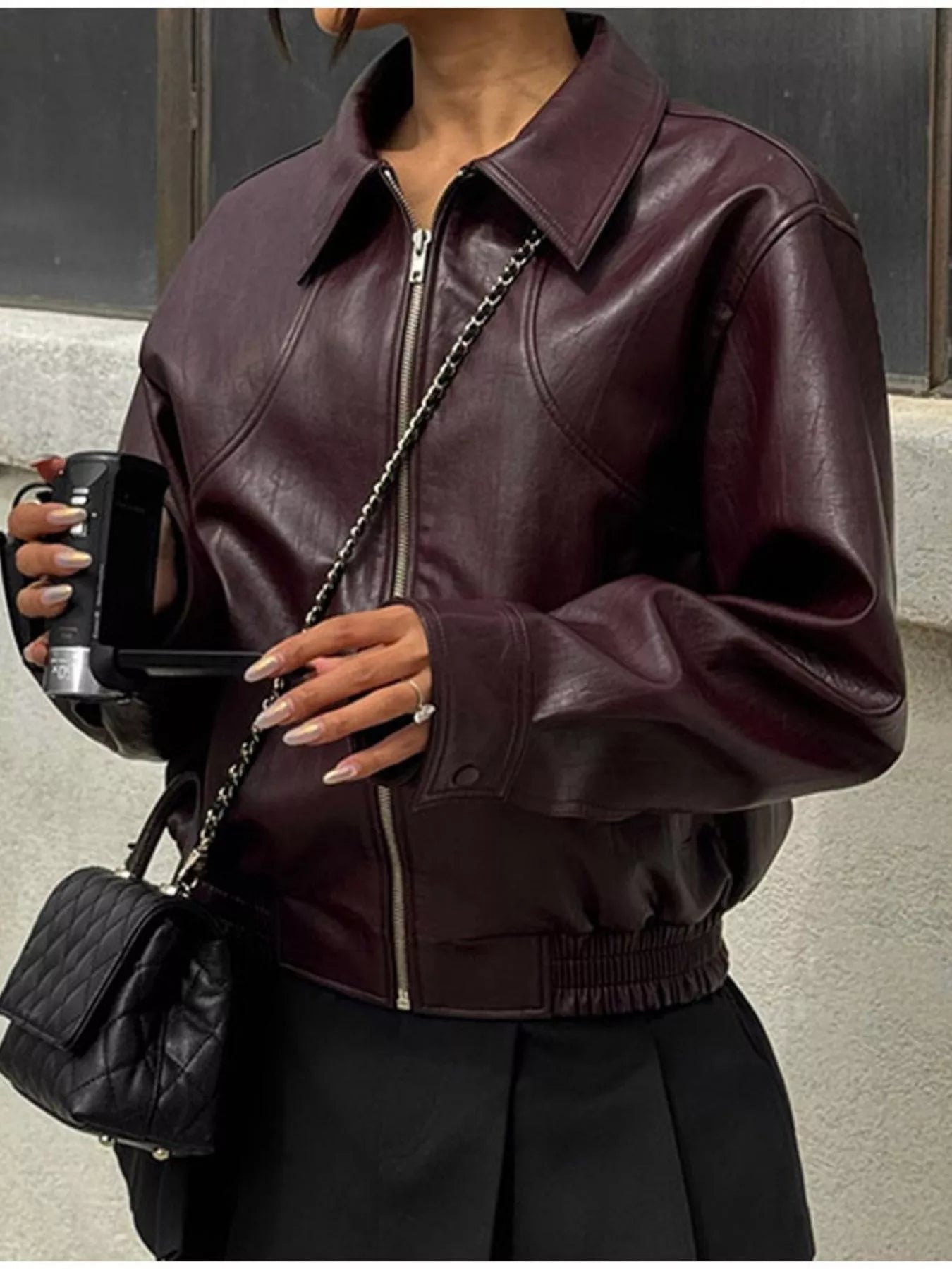 Belted Leather Jacket with Shawl Collar