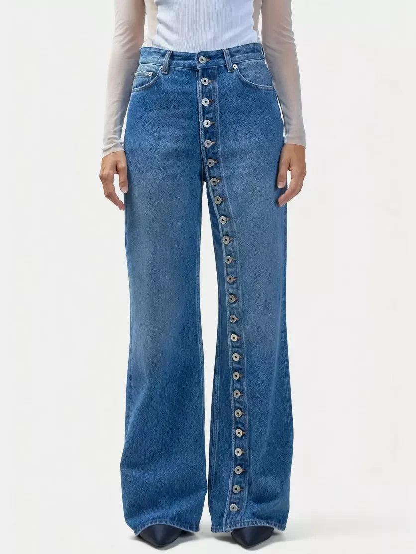 High-Waisted Asymmetric Button-Fly Wide-Leg Jeans