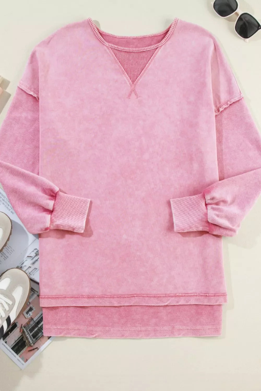Exposed Seam Round Neck Long Sleeve Sweatshirt