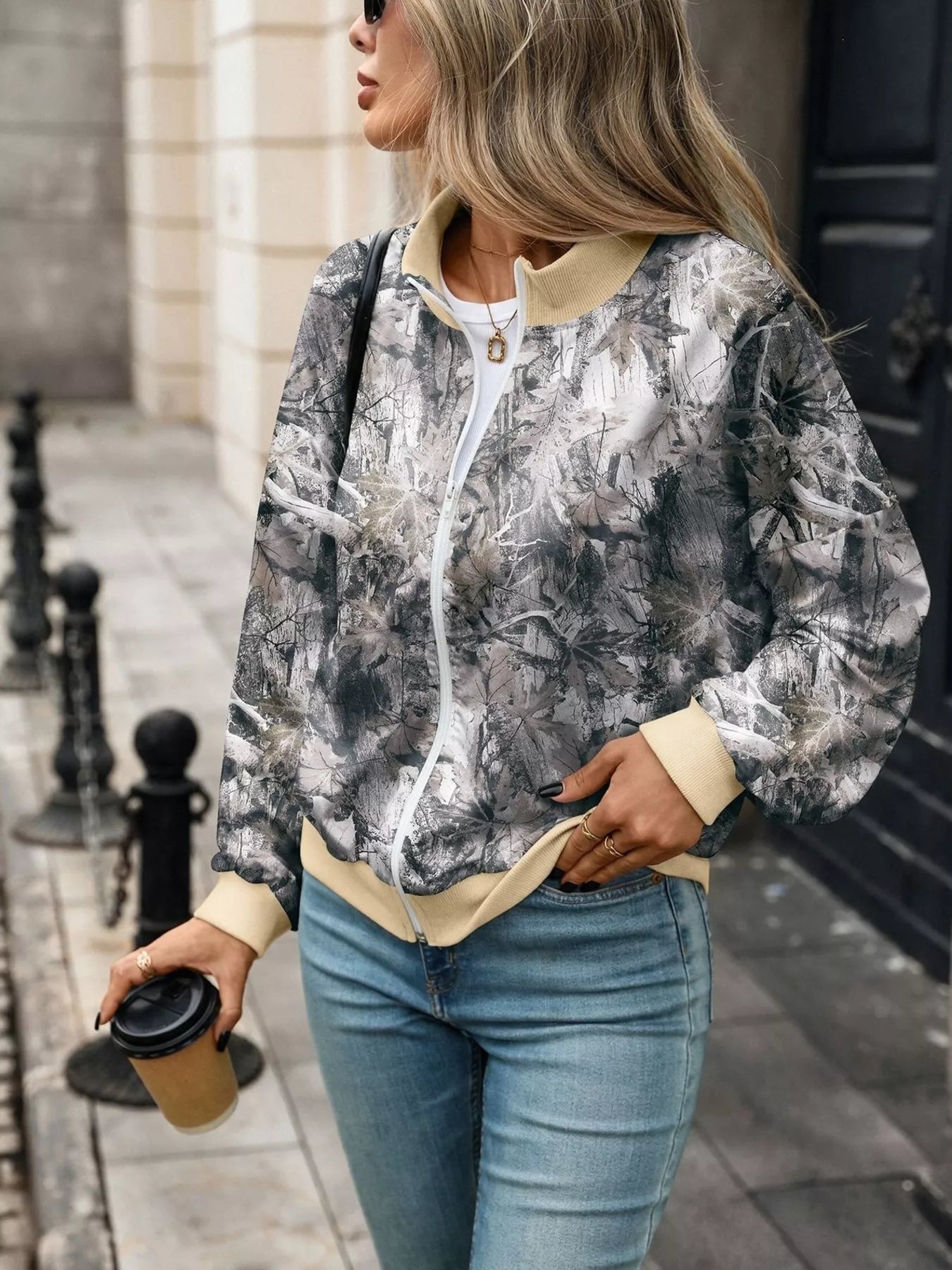 Printed Zip Up Long Sleeve Sweatshirt