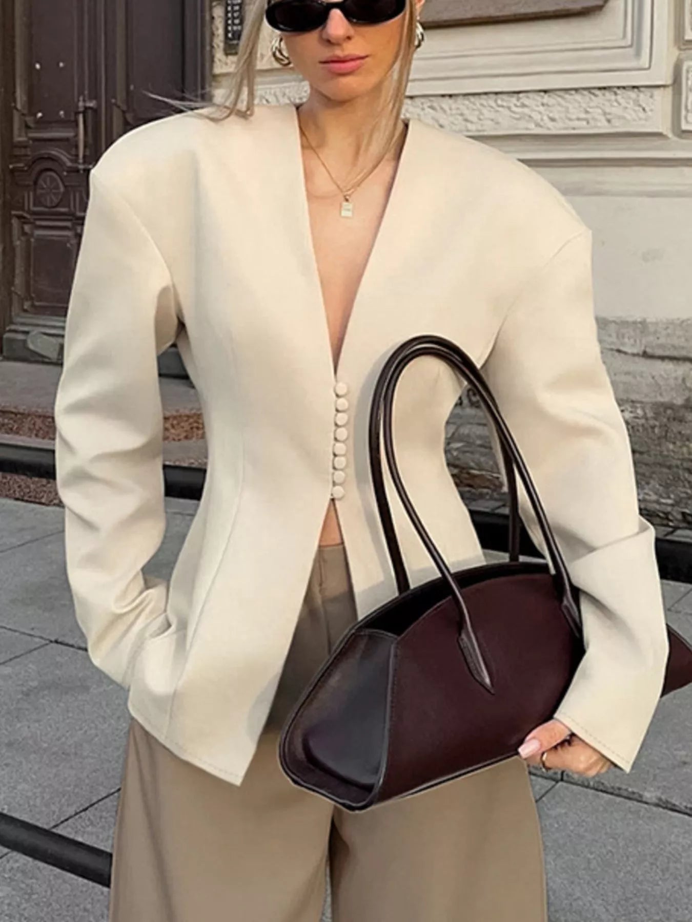 V-Neck Button-Up Blazer with Structured Shoulders