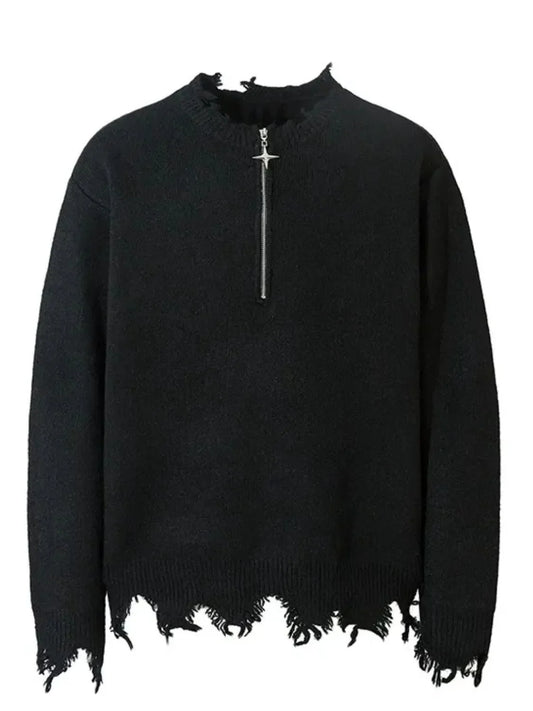 Men's Frayed Hem Quarter Zip Sweater