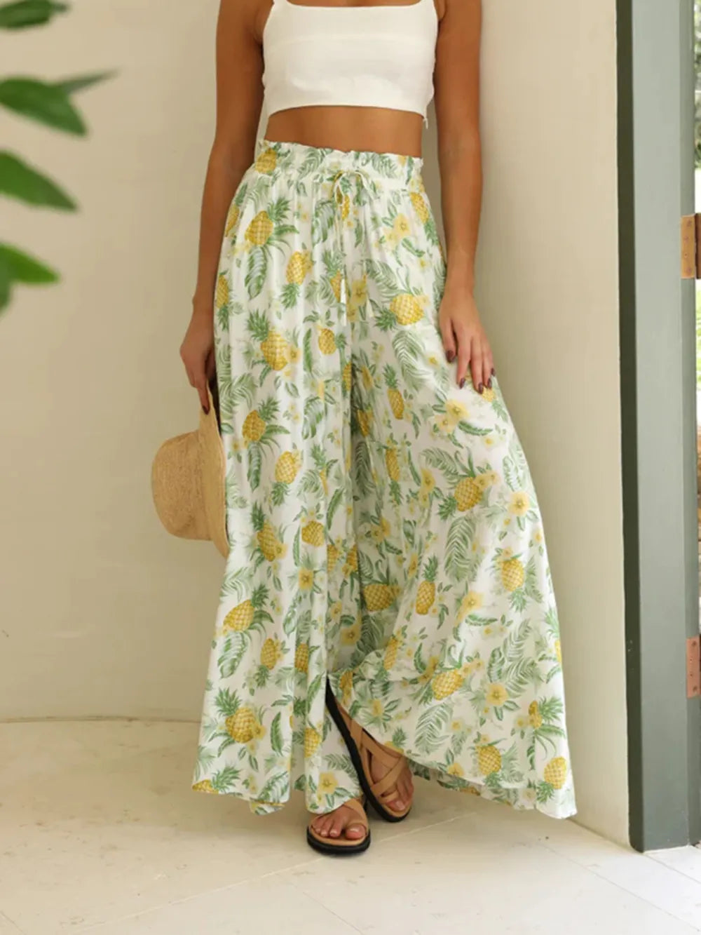 Drawstring Paperbag Waist Printed Wide Leg Pants