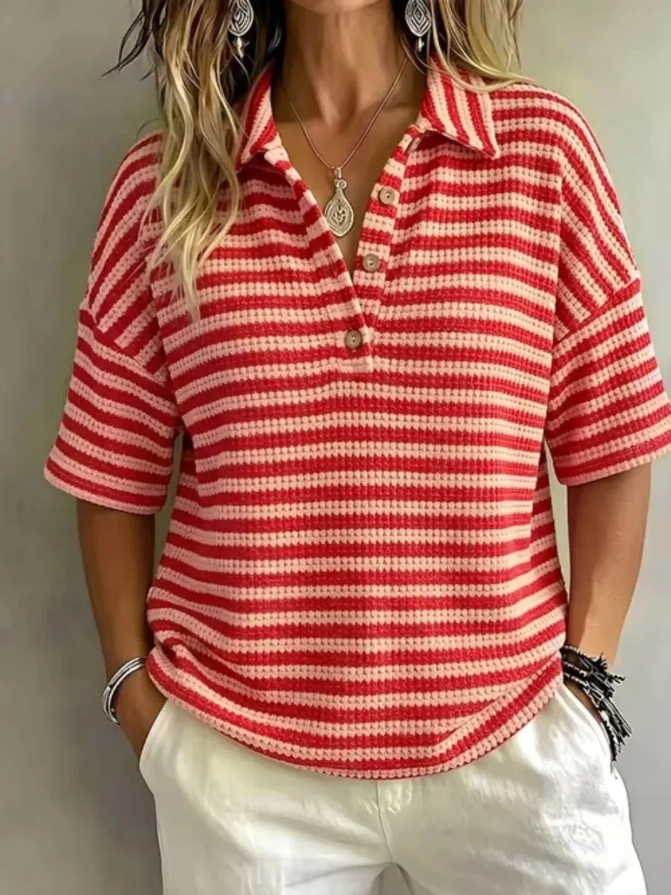Full Size Contrast Striped Knit Polo Shirt Plus Size