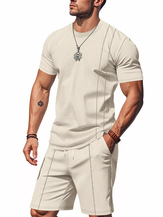 Men's Full Size Casual Striped Short Sleeve T-Shirt and Shorts Set Plus Size