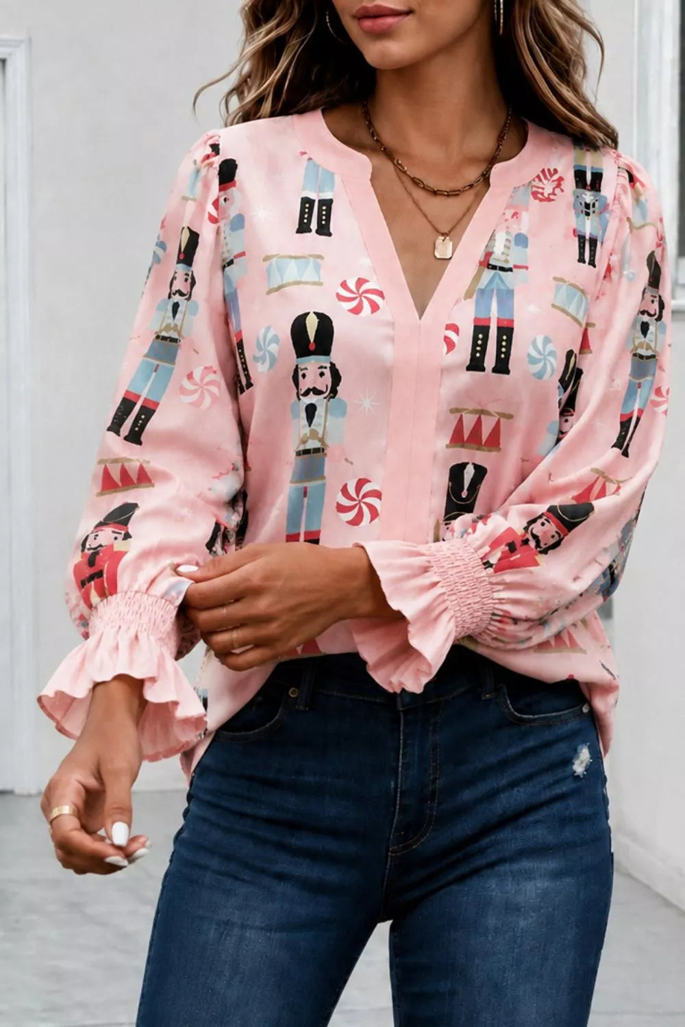 Nutcracker Print Notched Flounce Sleeve Blouse