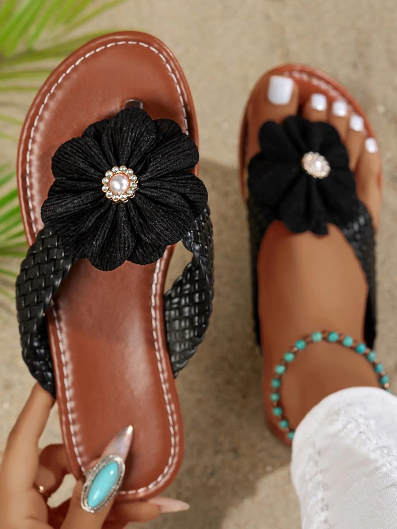Flower Embellished Toe Post Sandals