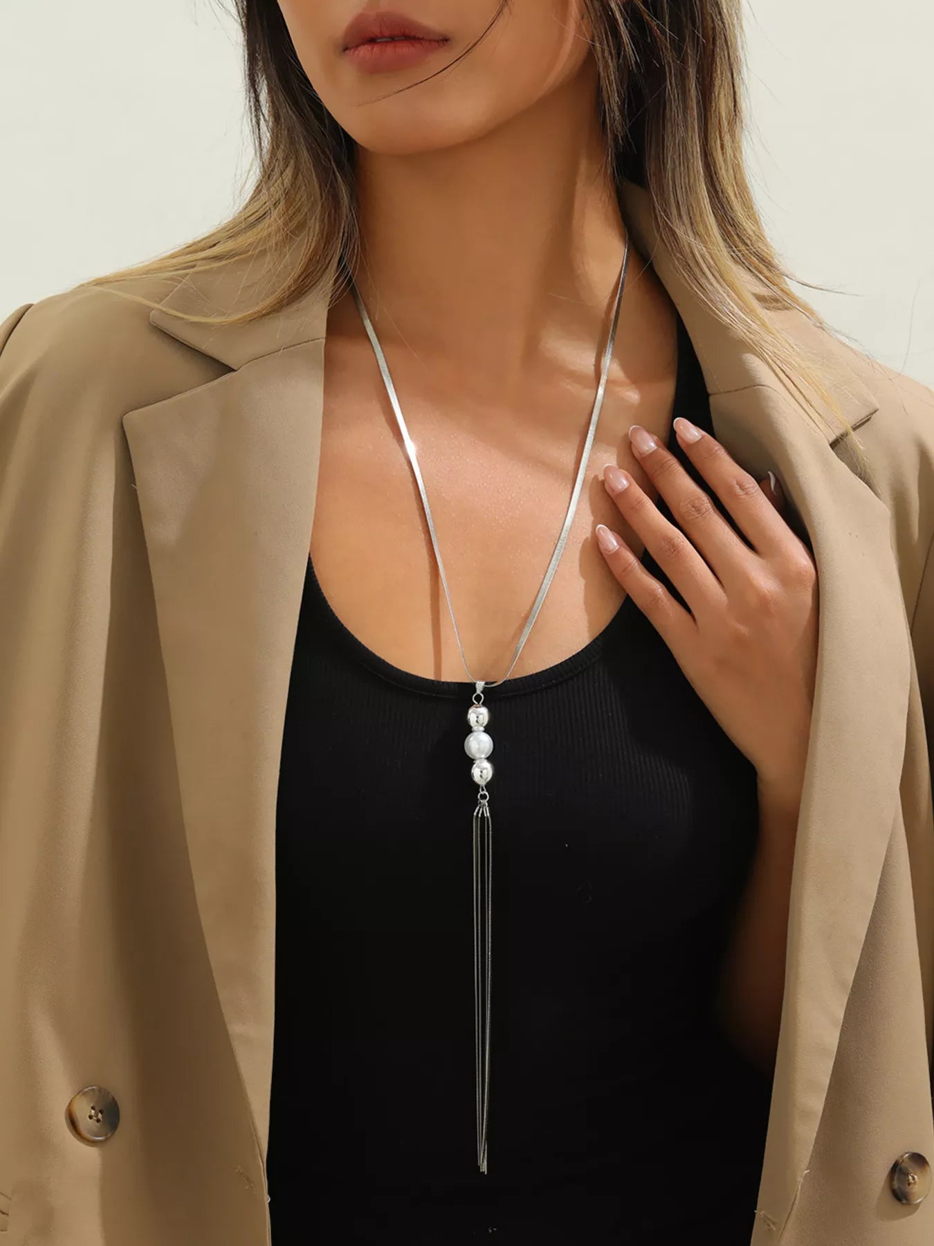 Alloy Silver-Plated Bead Tassel Necklace