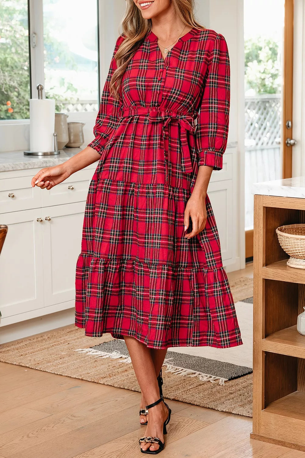 Christmas Plaid V Neck 3/4 Sleeve Tie Waist Ruffle Hem Midi Dress