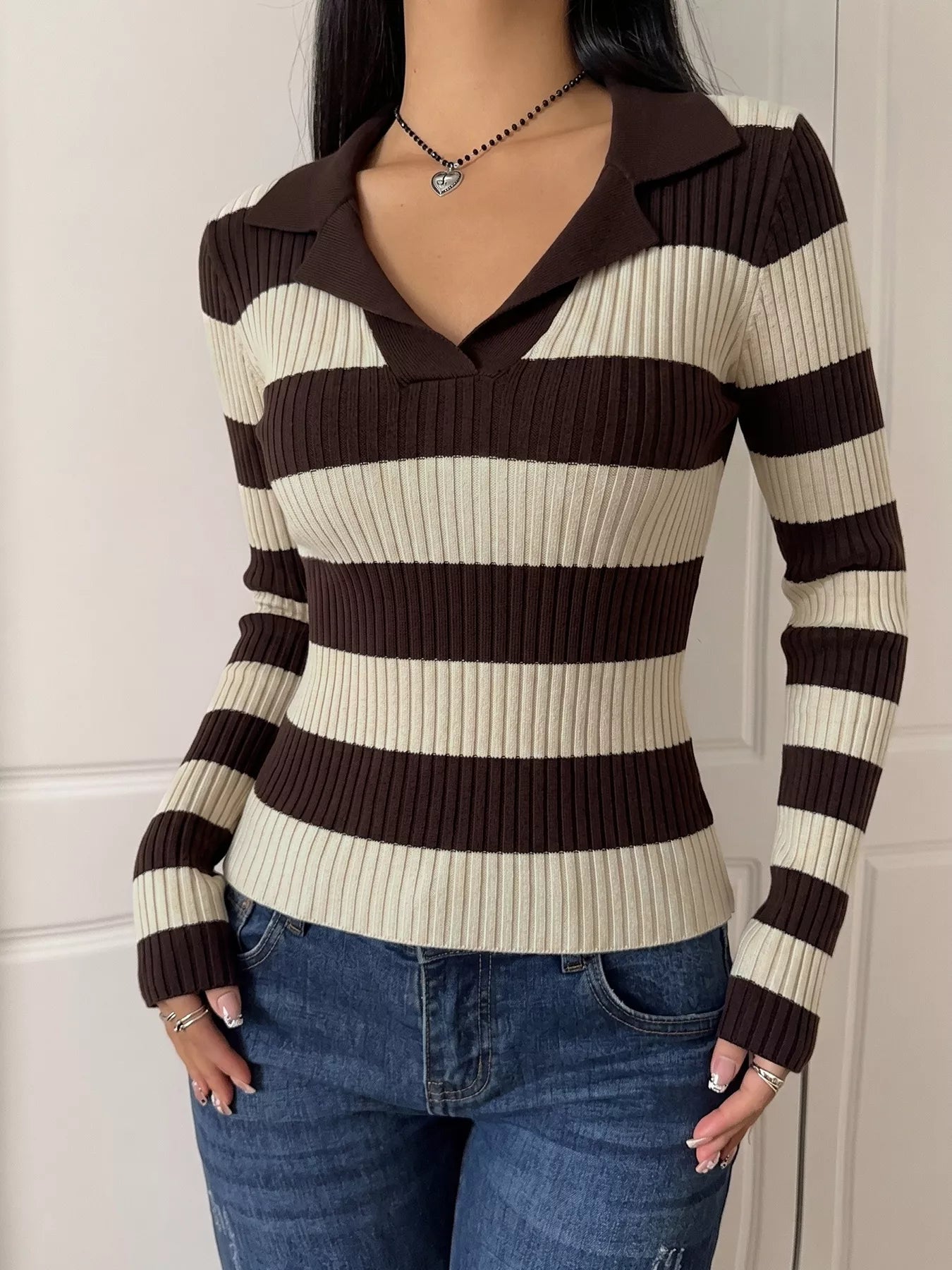 Striped Ribbed Knit Long Sleeve Sweater