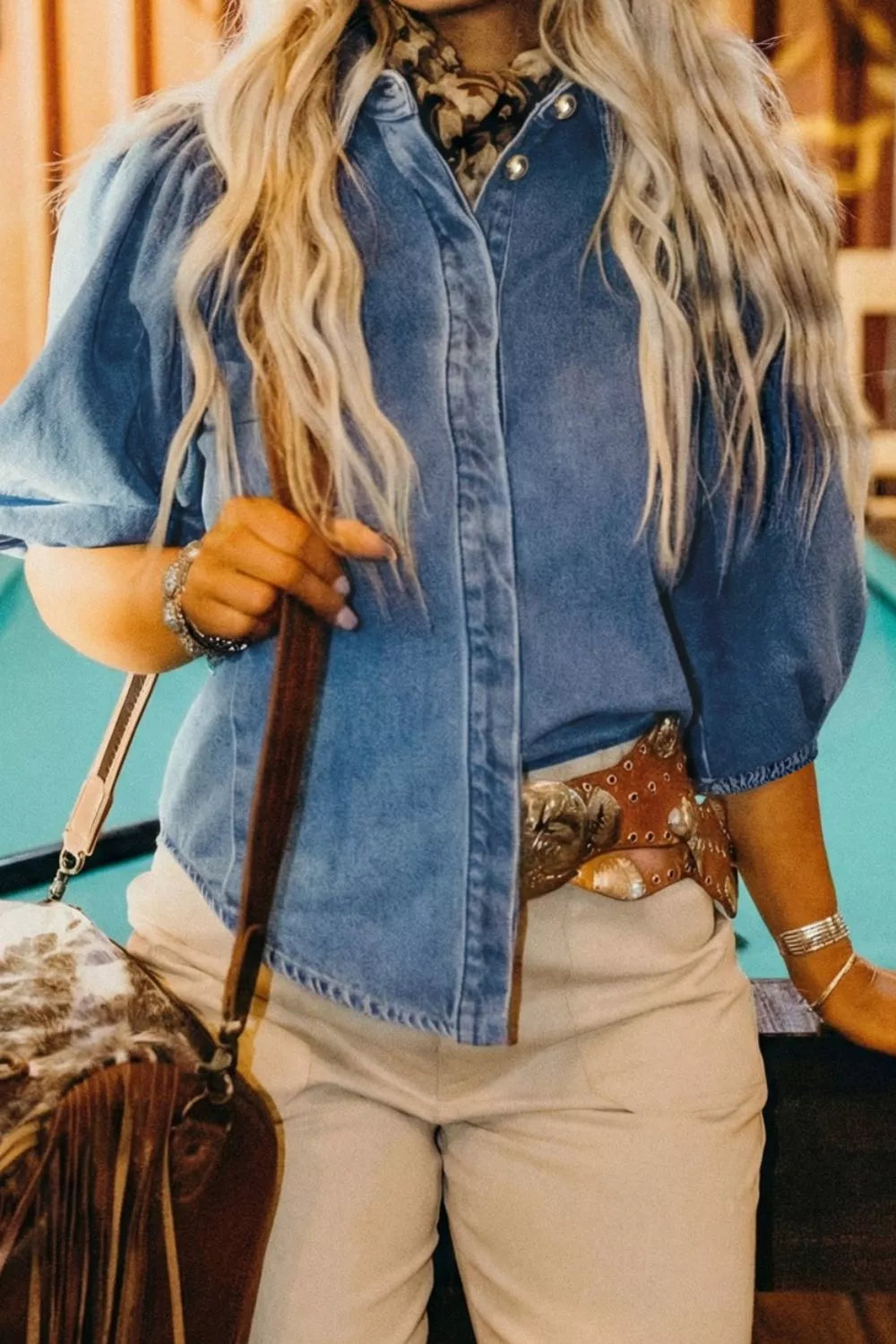 Puff Half Sleeve Collared Denim Shirt