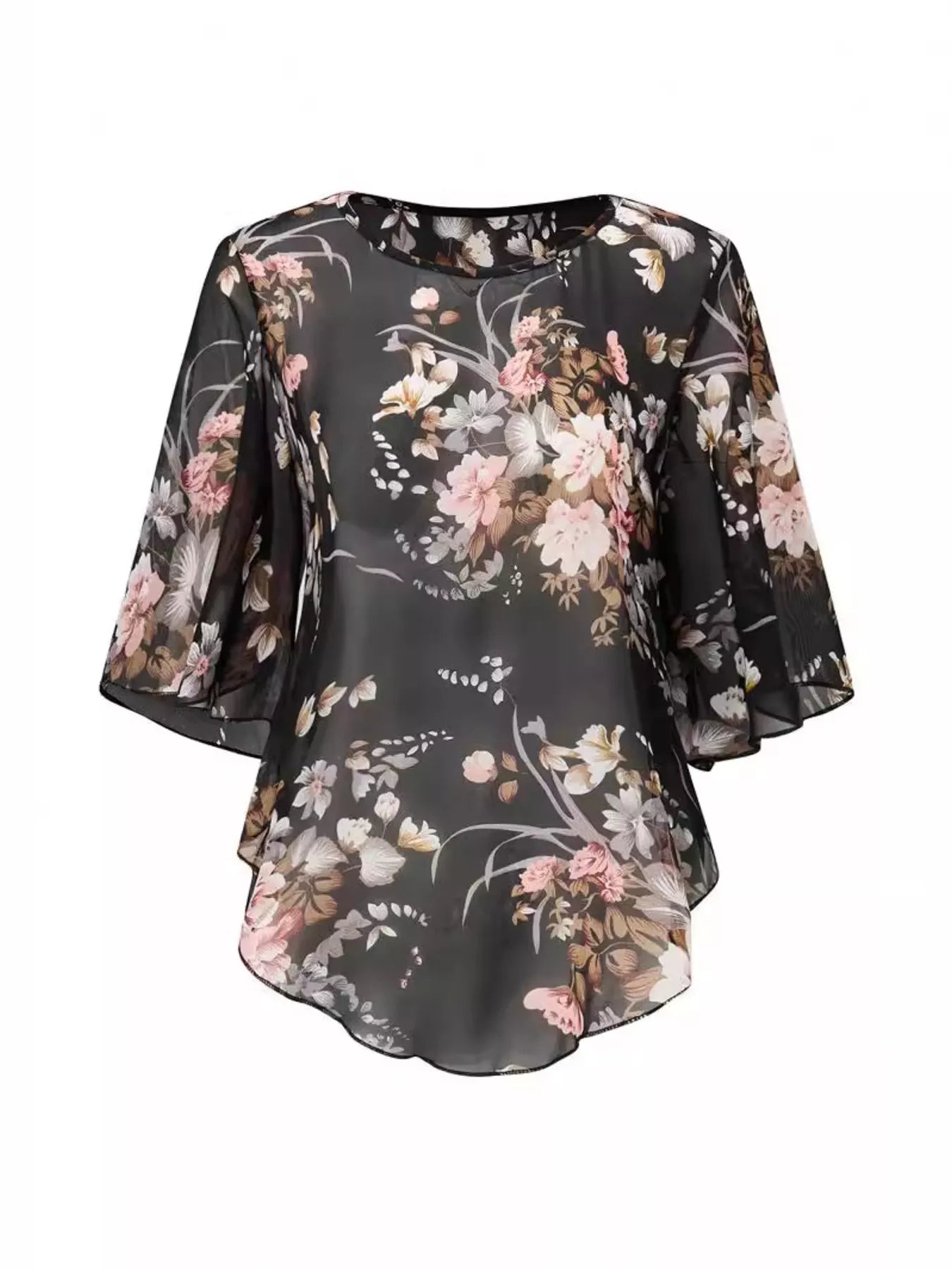 Sheer Floral Print Blouse with Flutter Sleeves