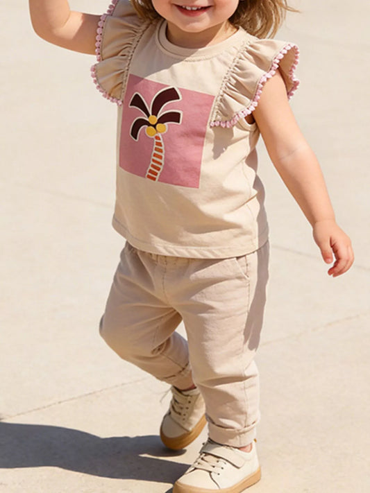 Children's Palm Tree Graphic Ruffle Sleeve T-Shirt