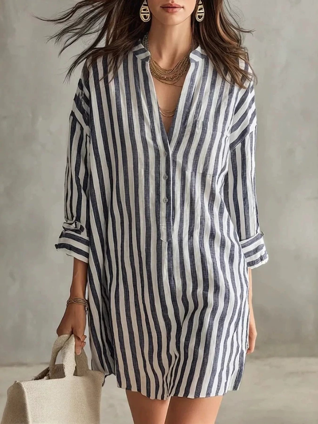 Full Size Striped Linen Shirt Mini Dress Plus Size