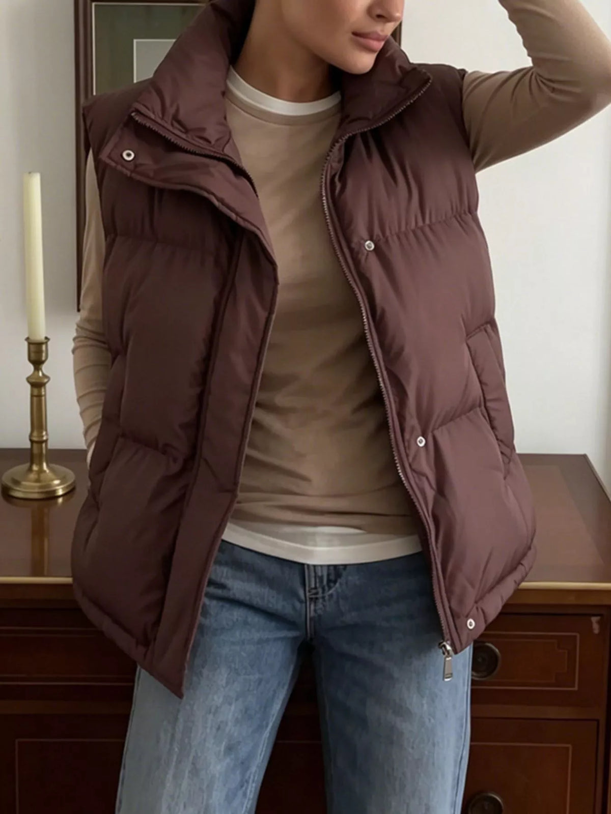 Snap-Button Placket Quilted Puffer Vest Coat