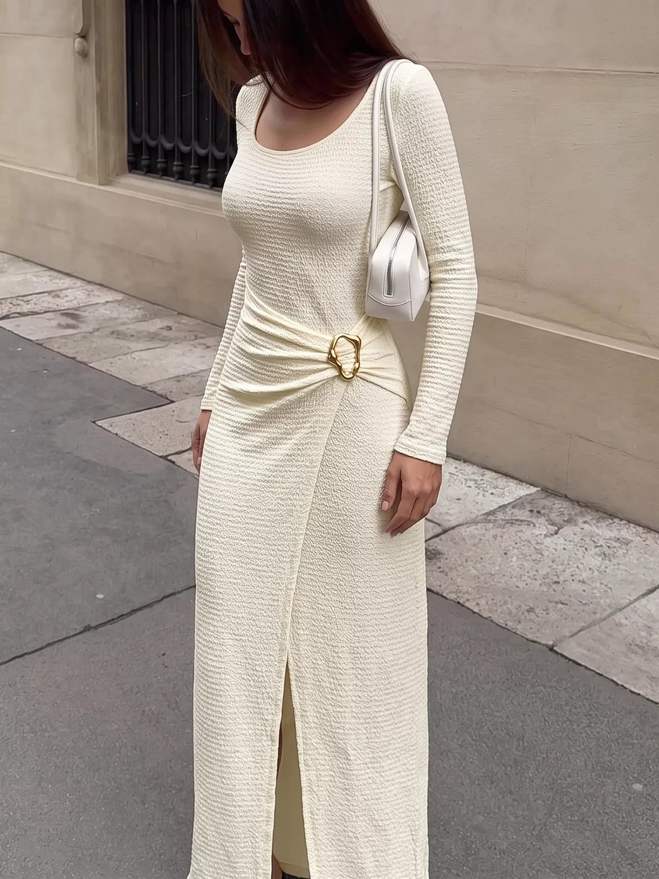 Elegant Long Sleeve Ruched Midi Dress