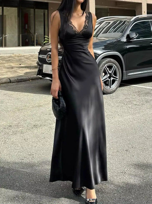 Lace Trim V-Neck Sleeveless Maxi Dress