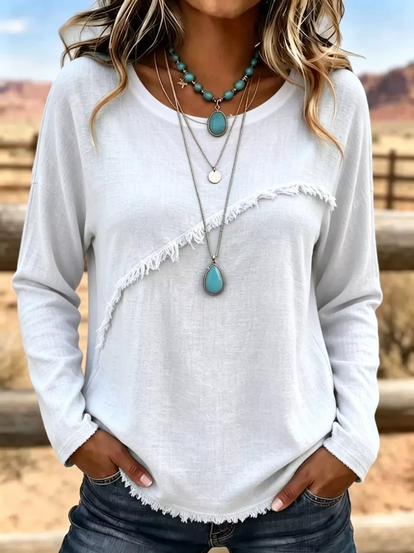 Full Size Fringe Detail Long Sleeve T-Shirt Plus Size
