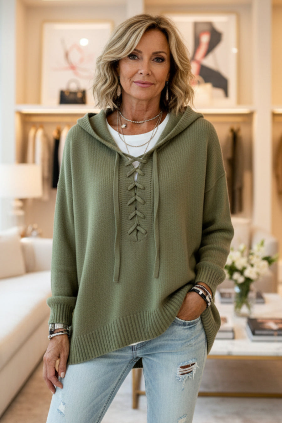 Lace-Up V-Neck Hooded Knit Sweater | Drop Shoulder Oversized Pullover
