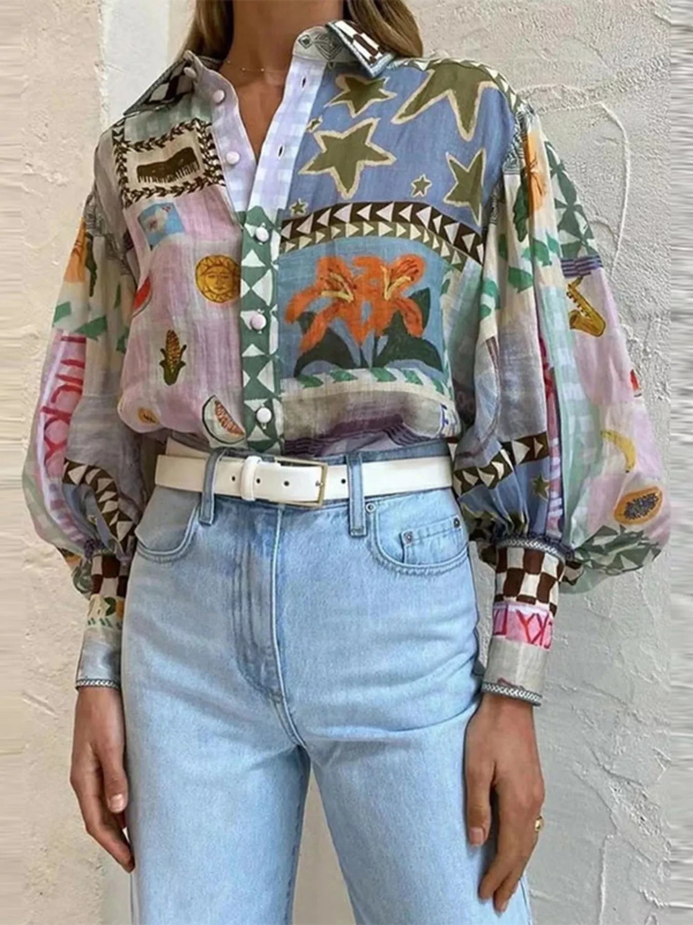 Full Size Printed Lantern Sleeve Button Up Shirt Plus Size