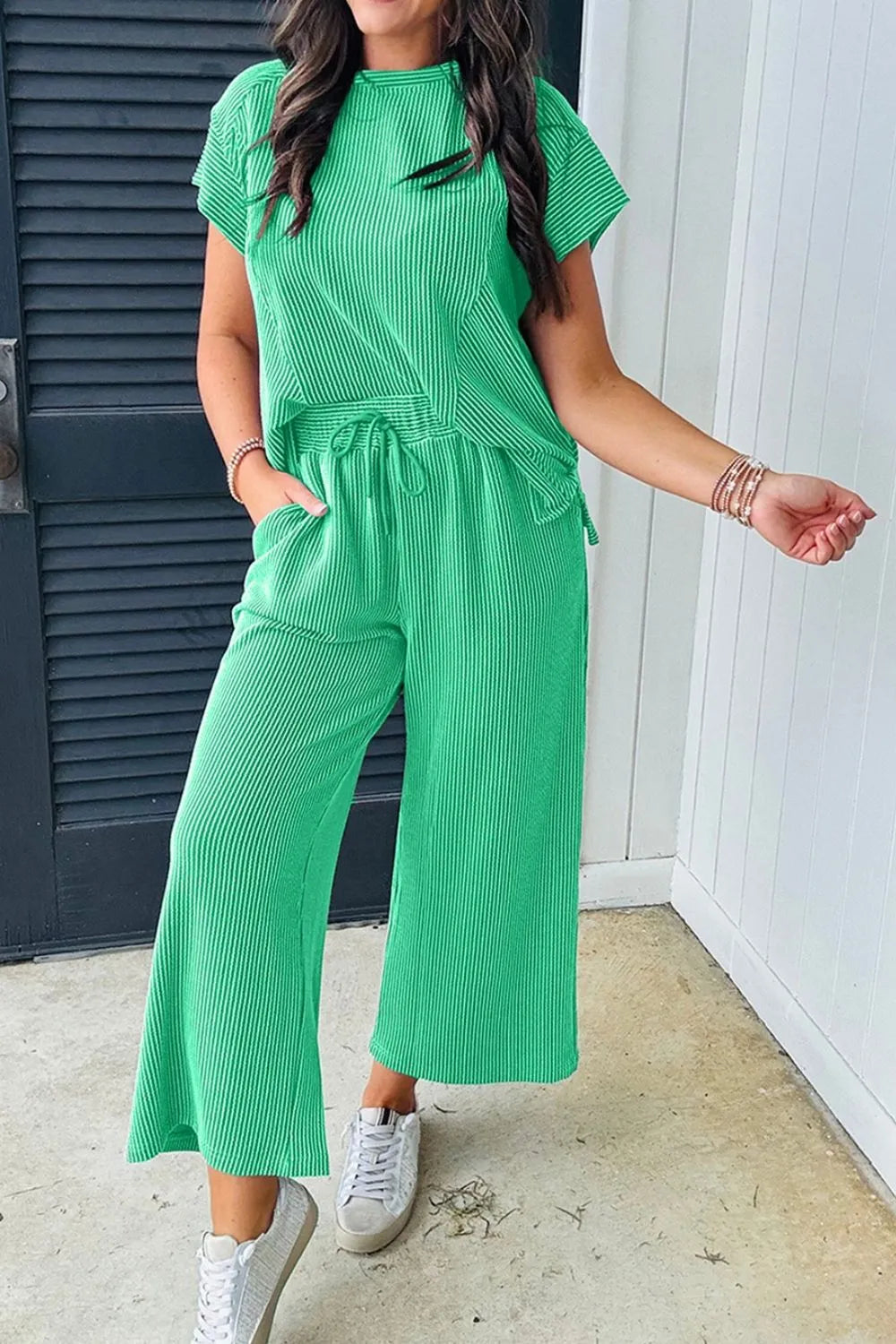 Ribbed Knit Round Neck Top and Pants Casual Set