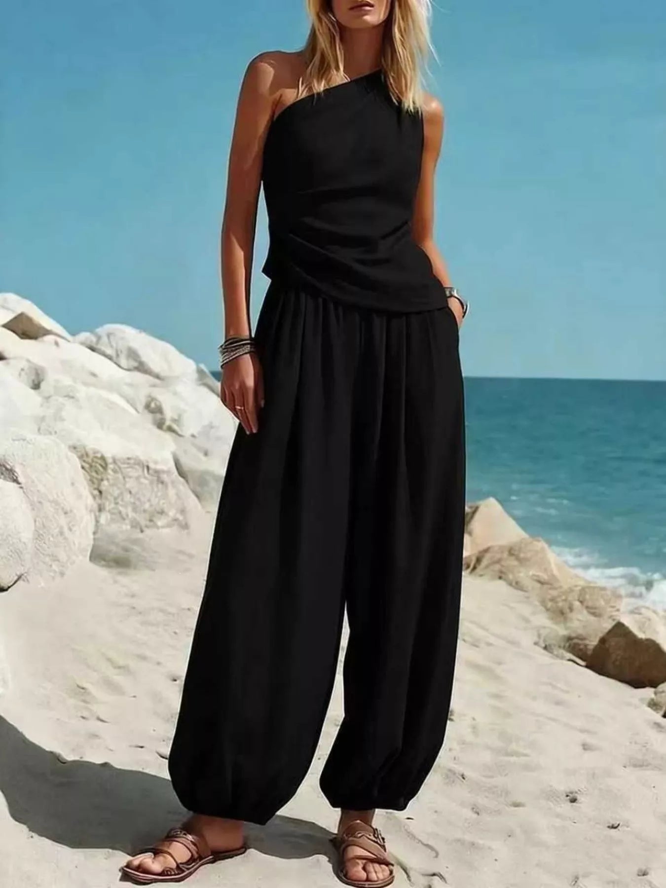 Full Size One-Shoulder Top and Wide-Leg Pants Set Plus Size