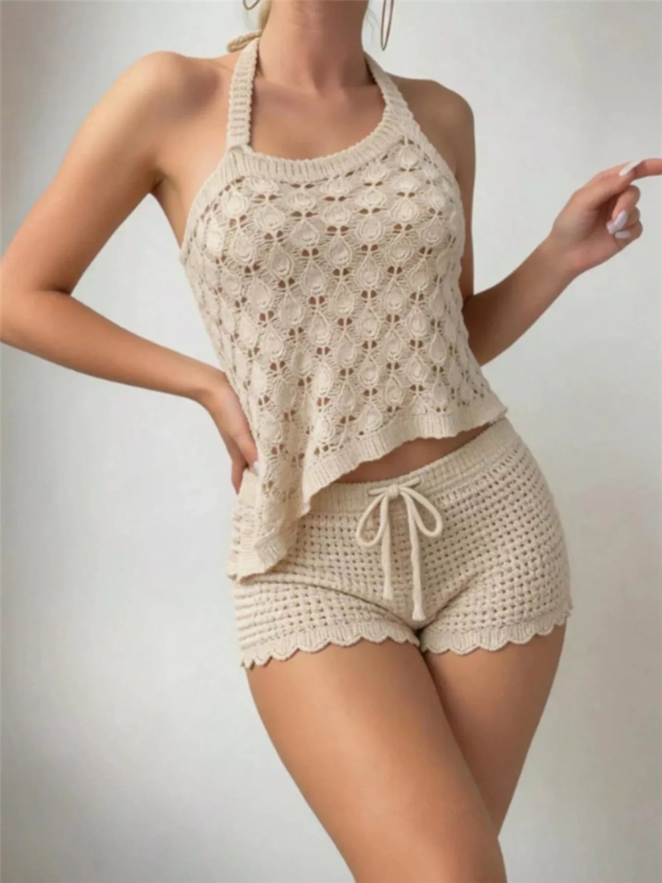 Crochet Knit Halter Neck Top and Shorts Sweater Set