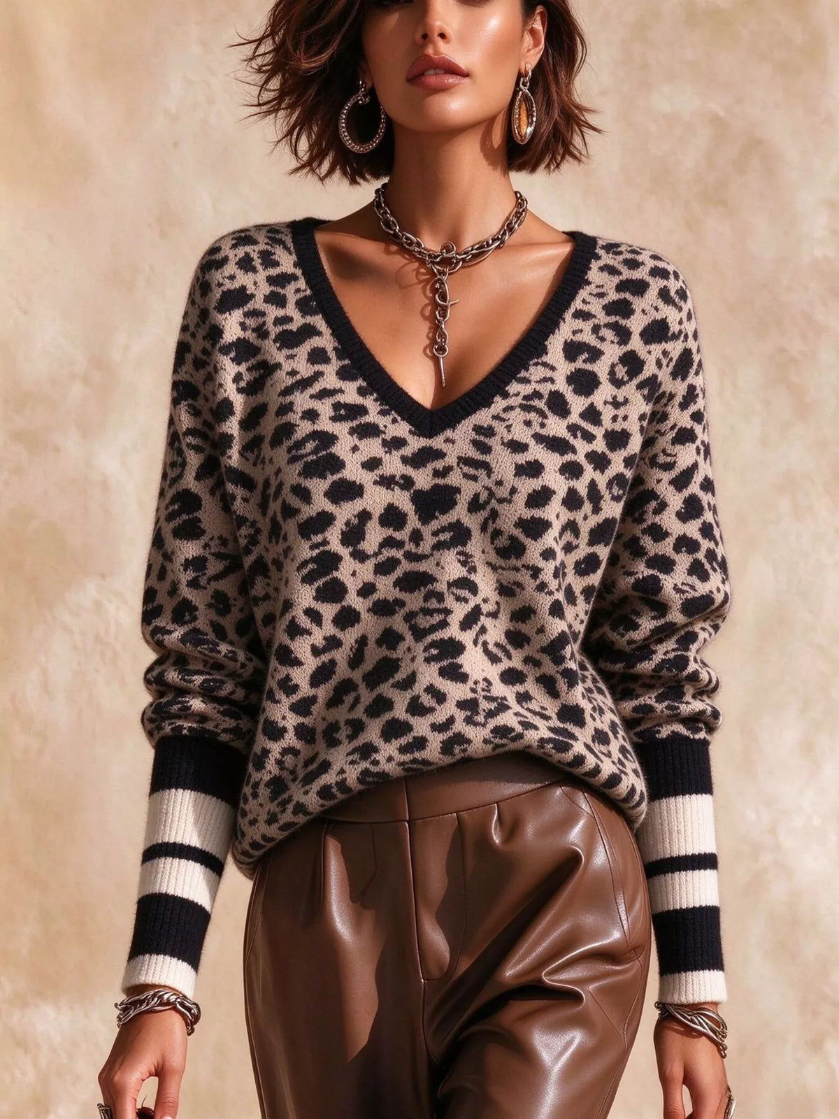 Full Size Leopard V-Neck Sweater with Striped Cuffs Plus Size