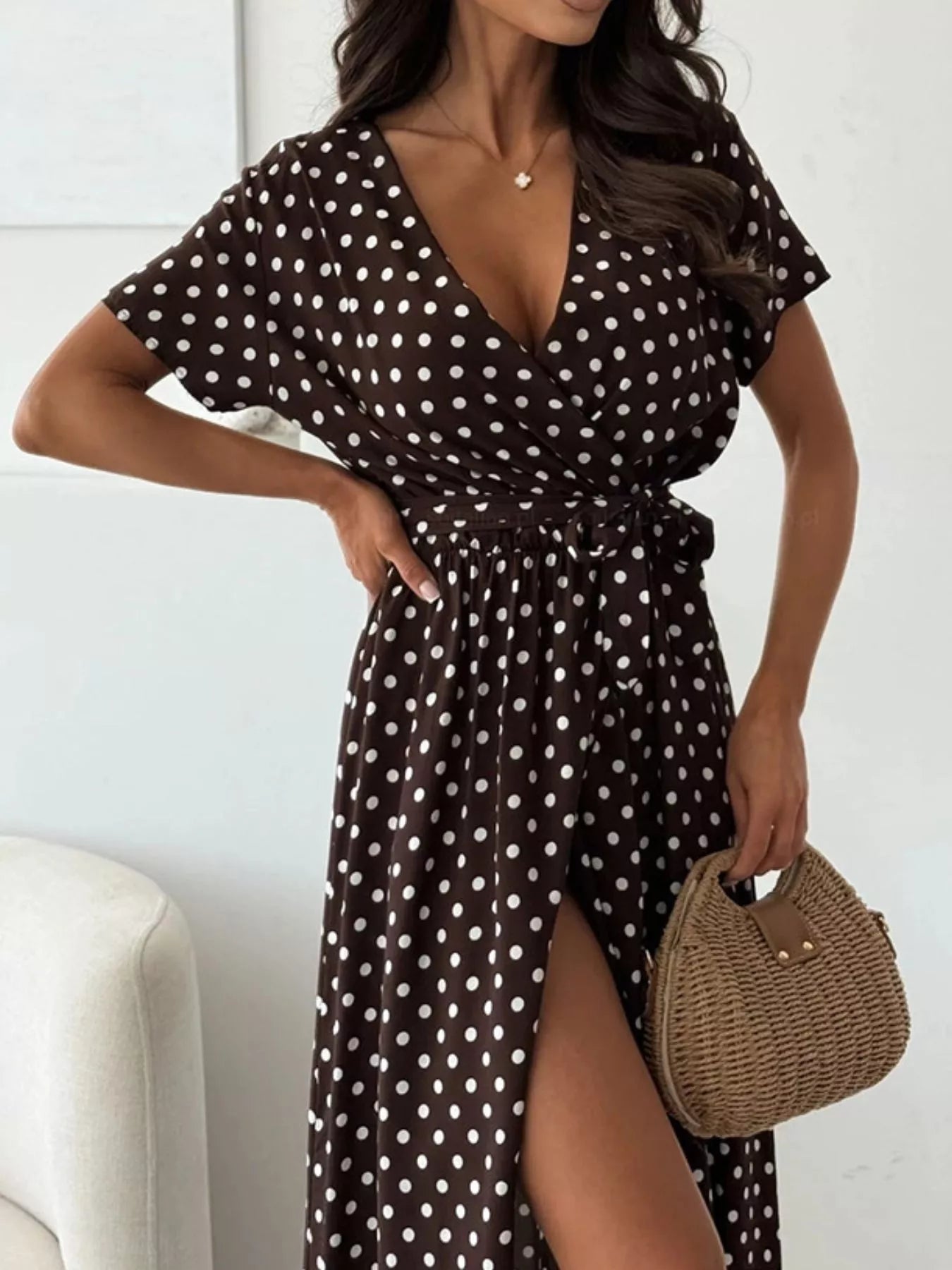 Polka Dot Surplice Maxi Dress with Slit