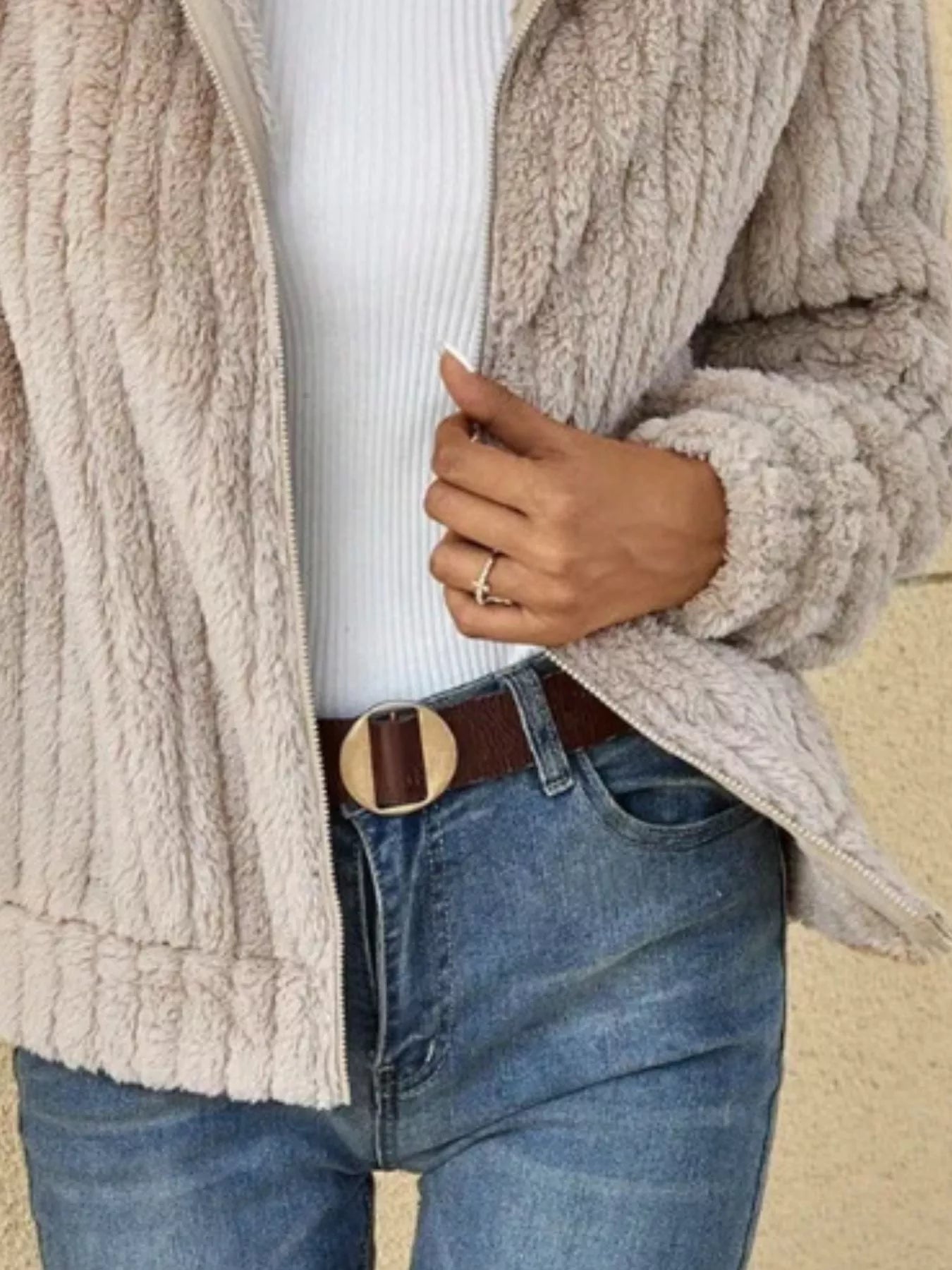 Full Size Zip-Up Long Sleeve Texture Jacket Plus Size