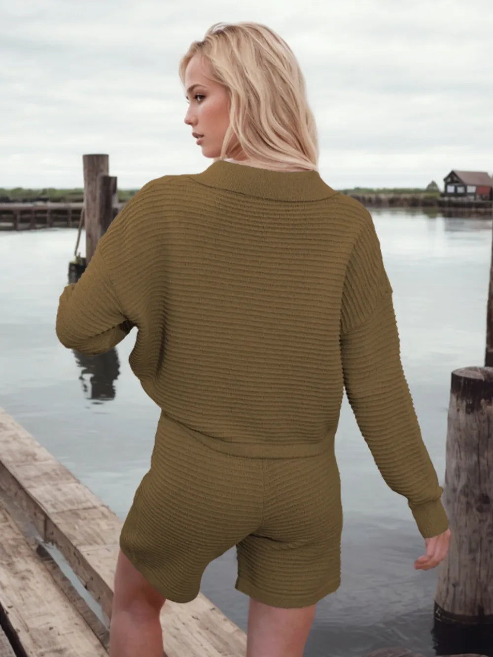 Johnny Collar Long Sleeve Top and Shorts Sweater Set