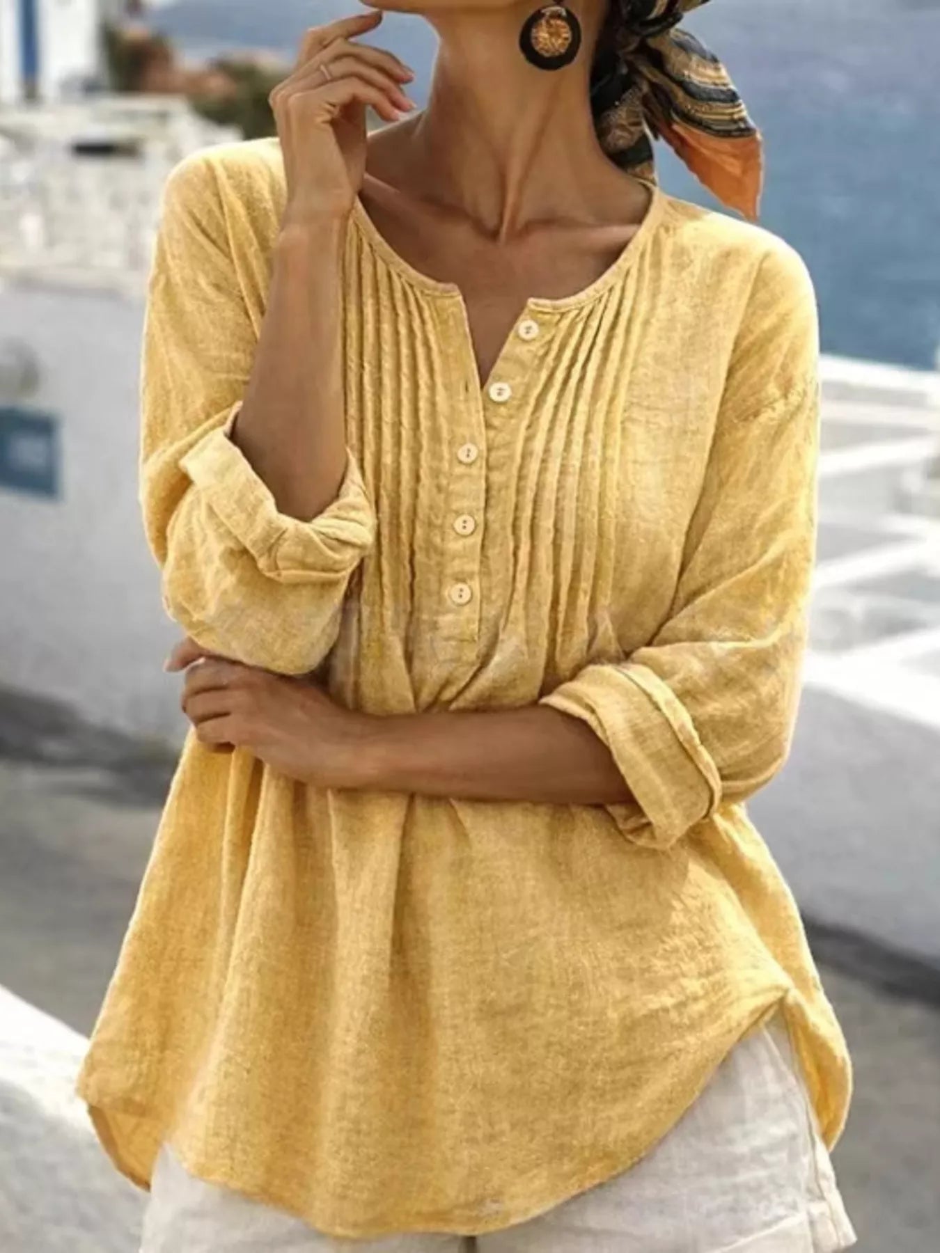 Casual Button Detail Long Sleeve Linen Shirt