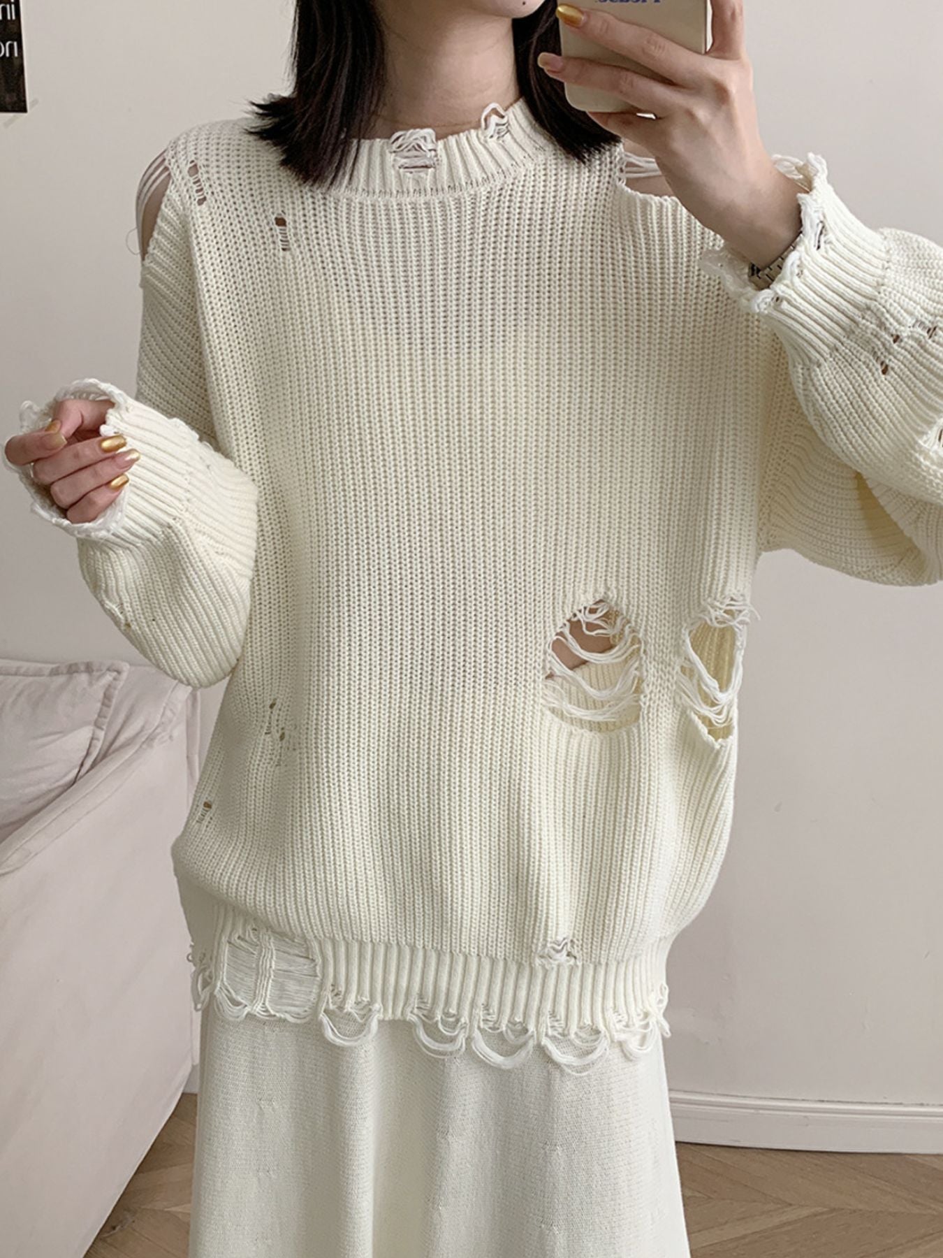 Distressed Long Sleeve Sweater and Skirt Set