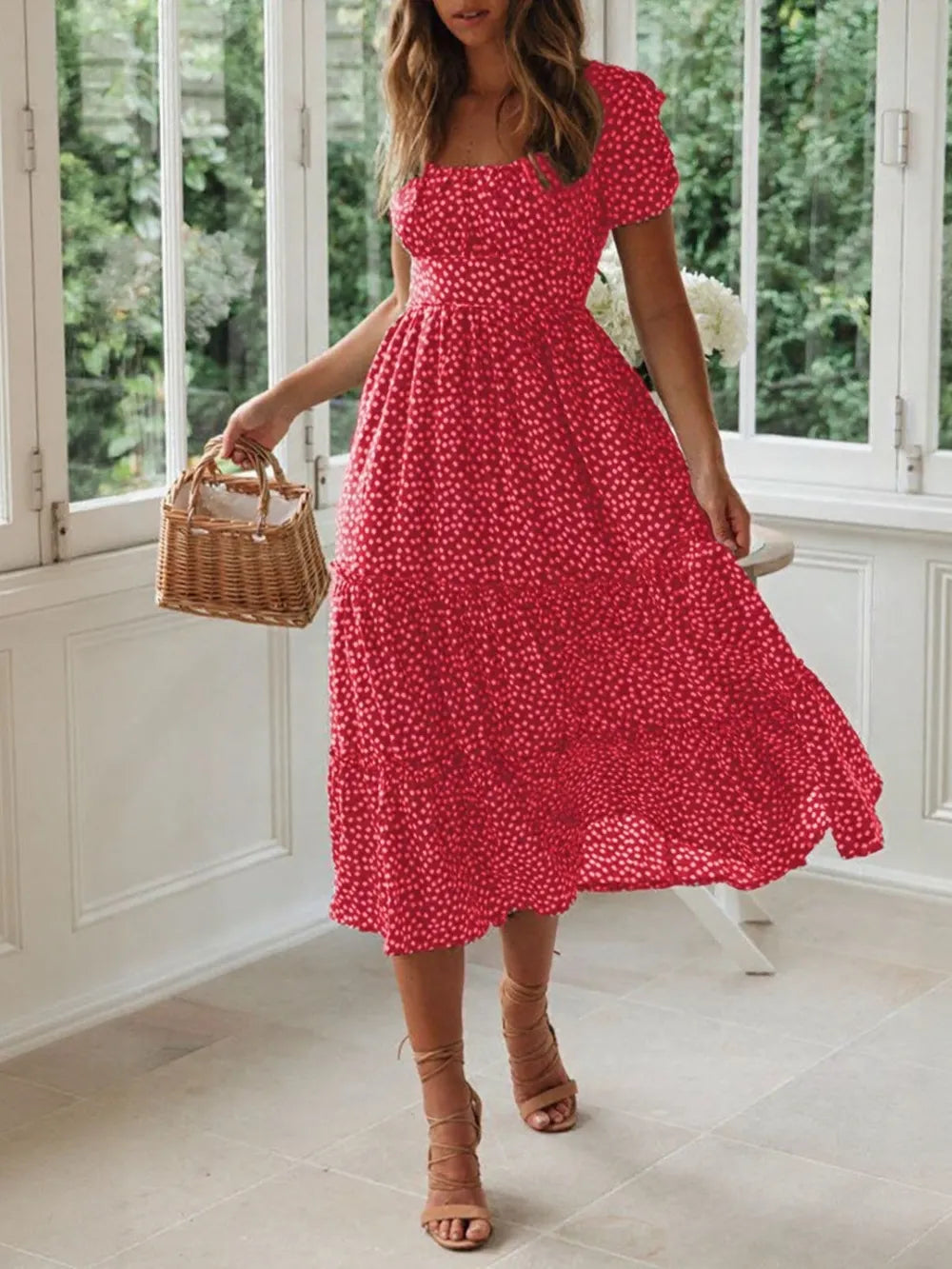 Printed Square Neck Short Sleeve Midi Dress