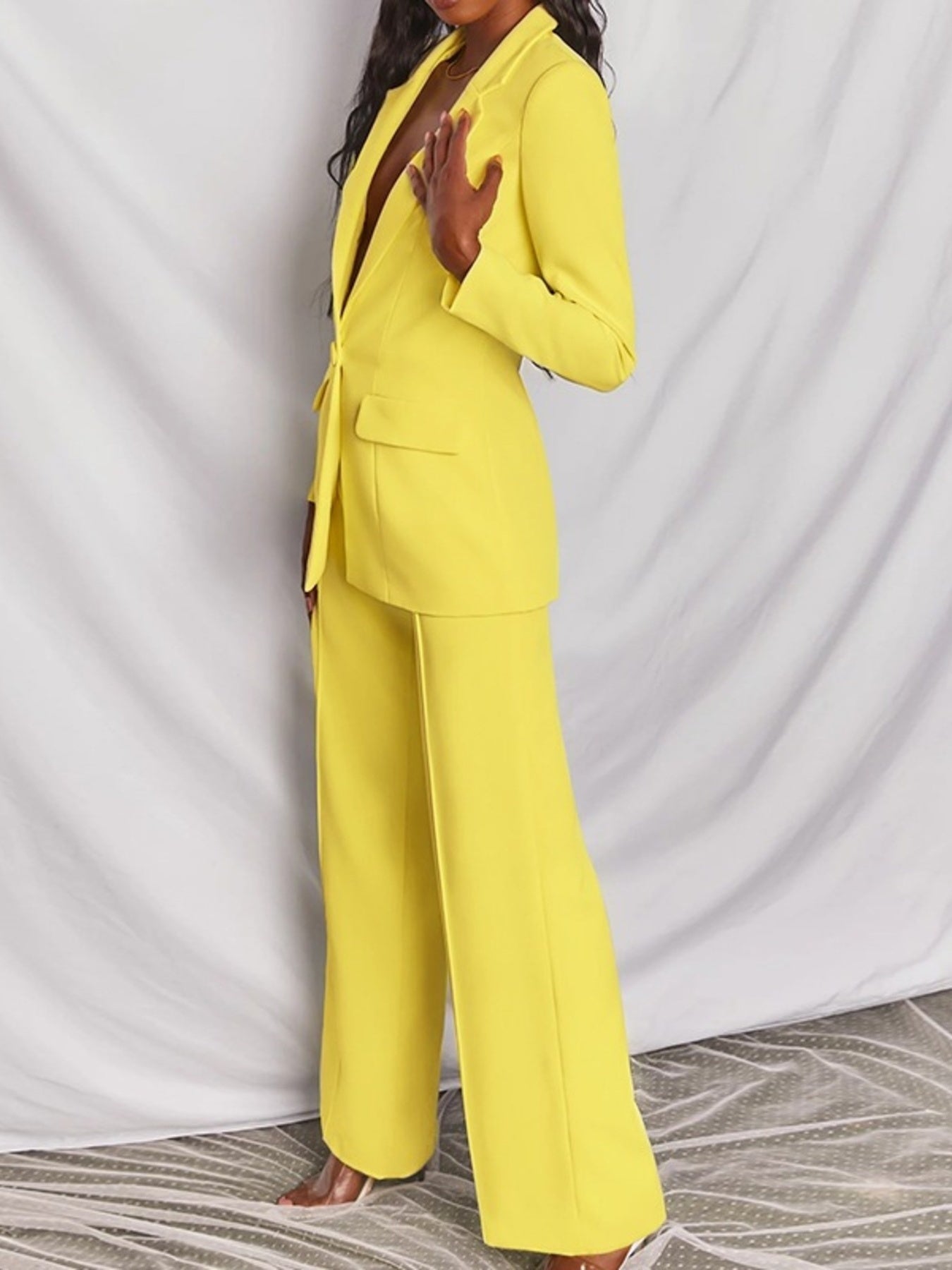 Full Size One Button Blazer and Wide-Leg Pants Set Plus Size