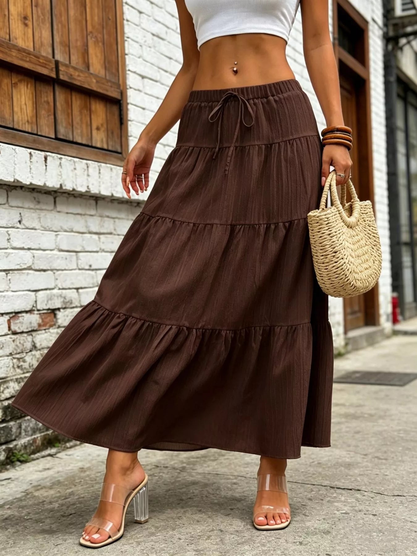 Tiered Maxi Skirt with Drawstring Waist