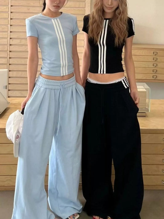 Full Size Striped Crop Top & Wide Leg Pants Set Plus Size