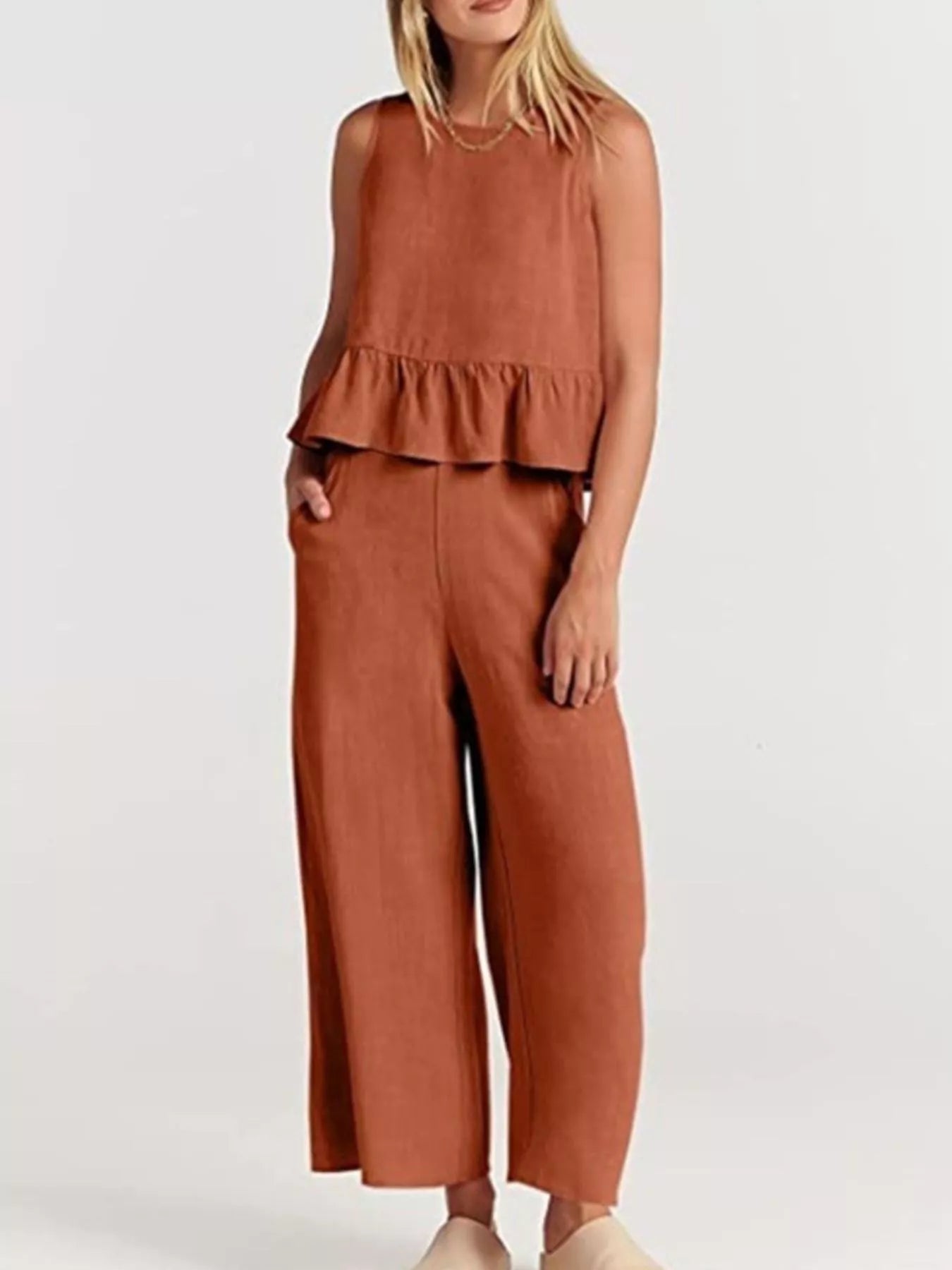 Full Size Ruffled Hem Sleeveless Top and Wide-Leg Pants Set Plus Size
