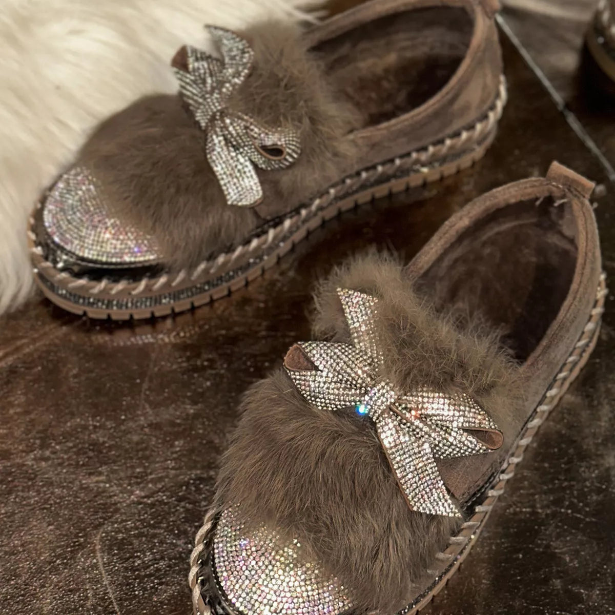 Fuzzy Bowknot Rhinestone Platform Loafers