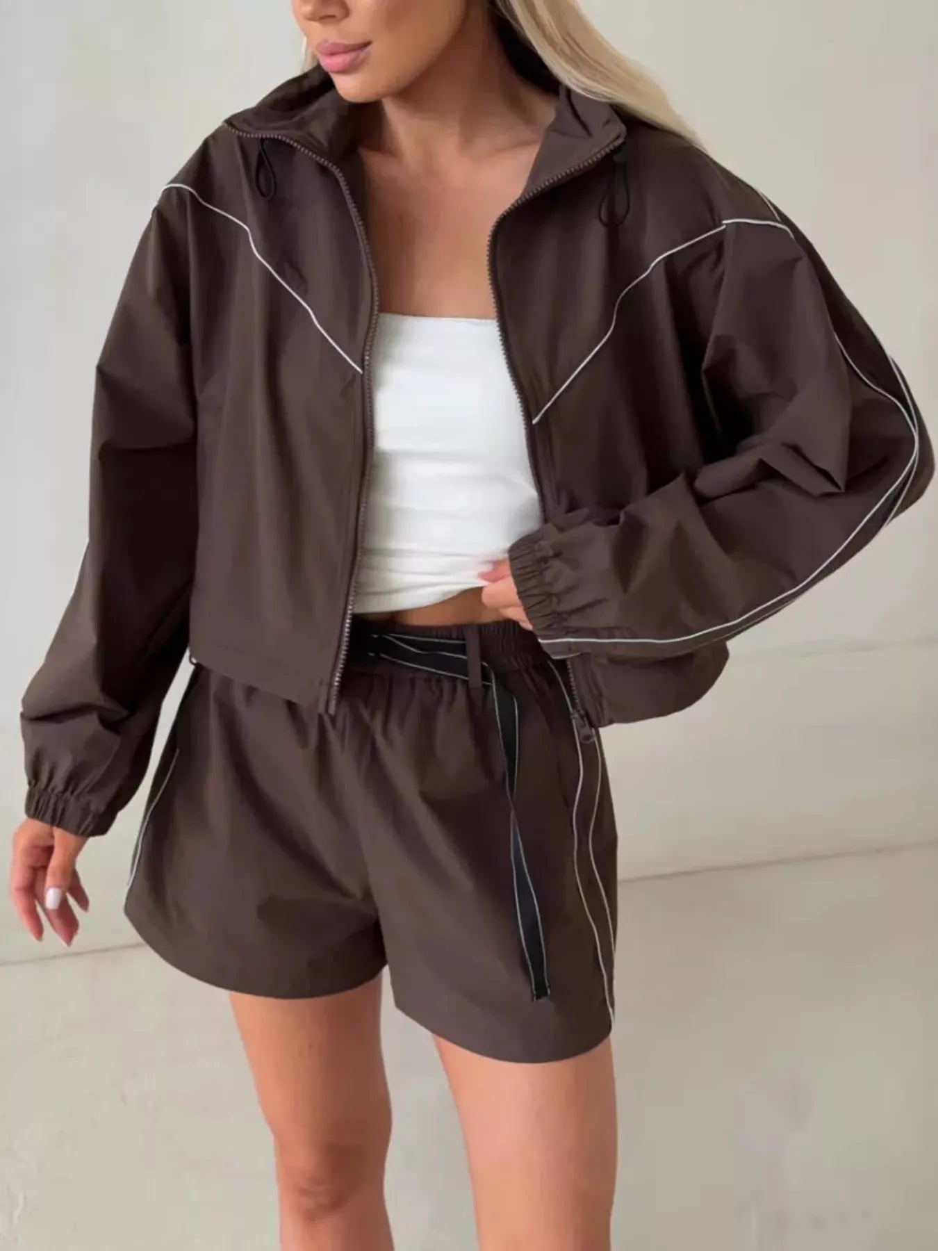 Drawstring Zip-Up Jacket and Shorts Set