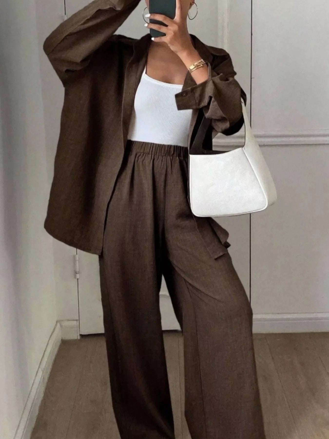 Button Up Long Sleeve Shirt and Wide Leg Pants Set