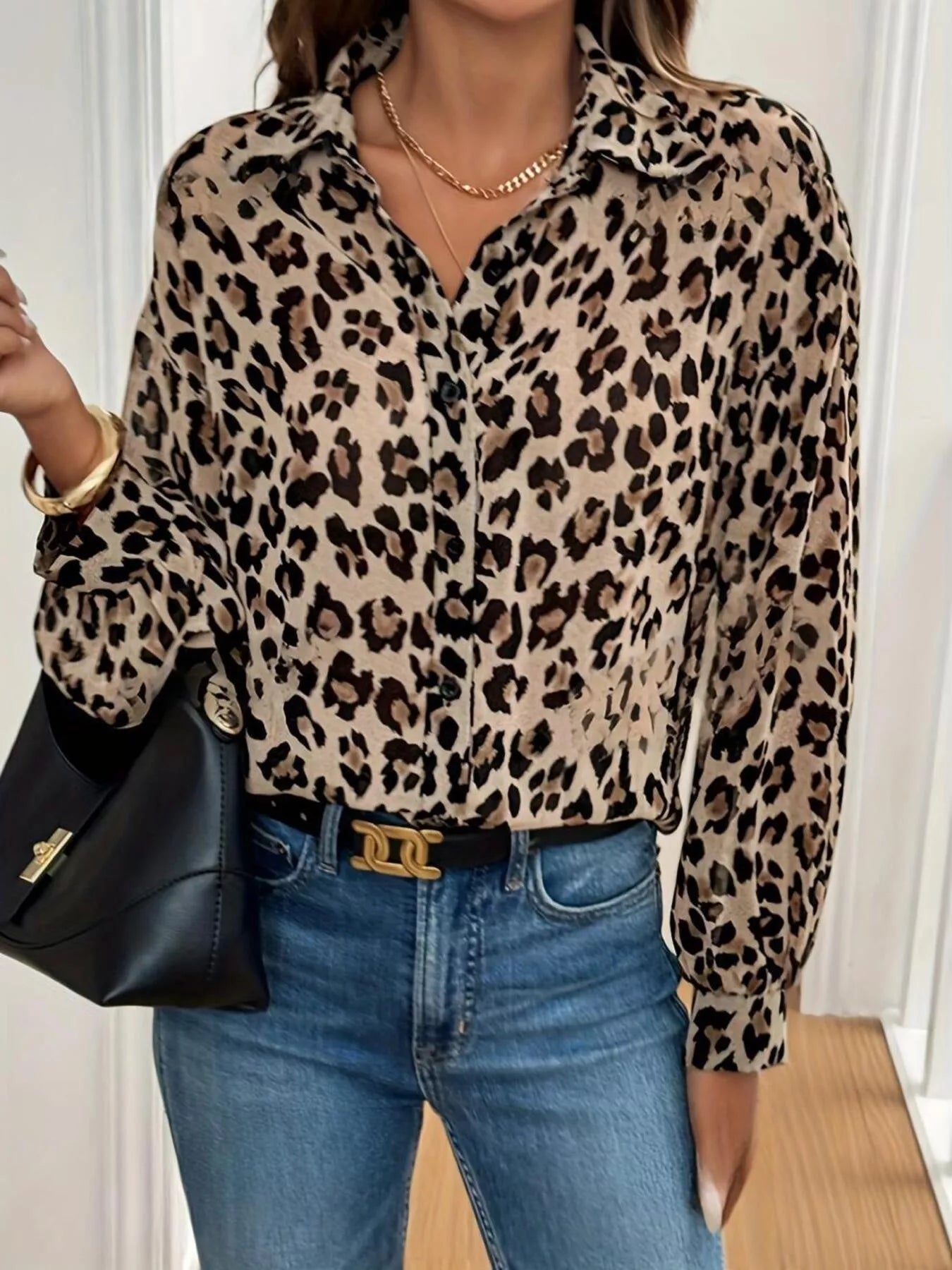 Leopard Print Button-Down Long Sleeve Shirt
