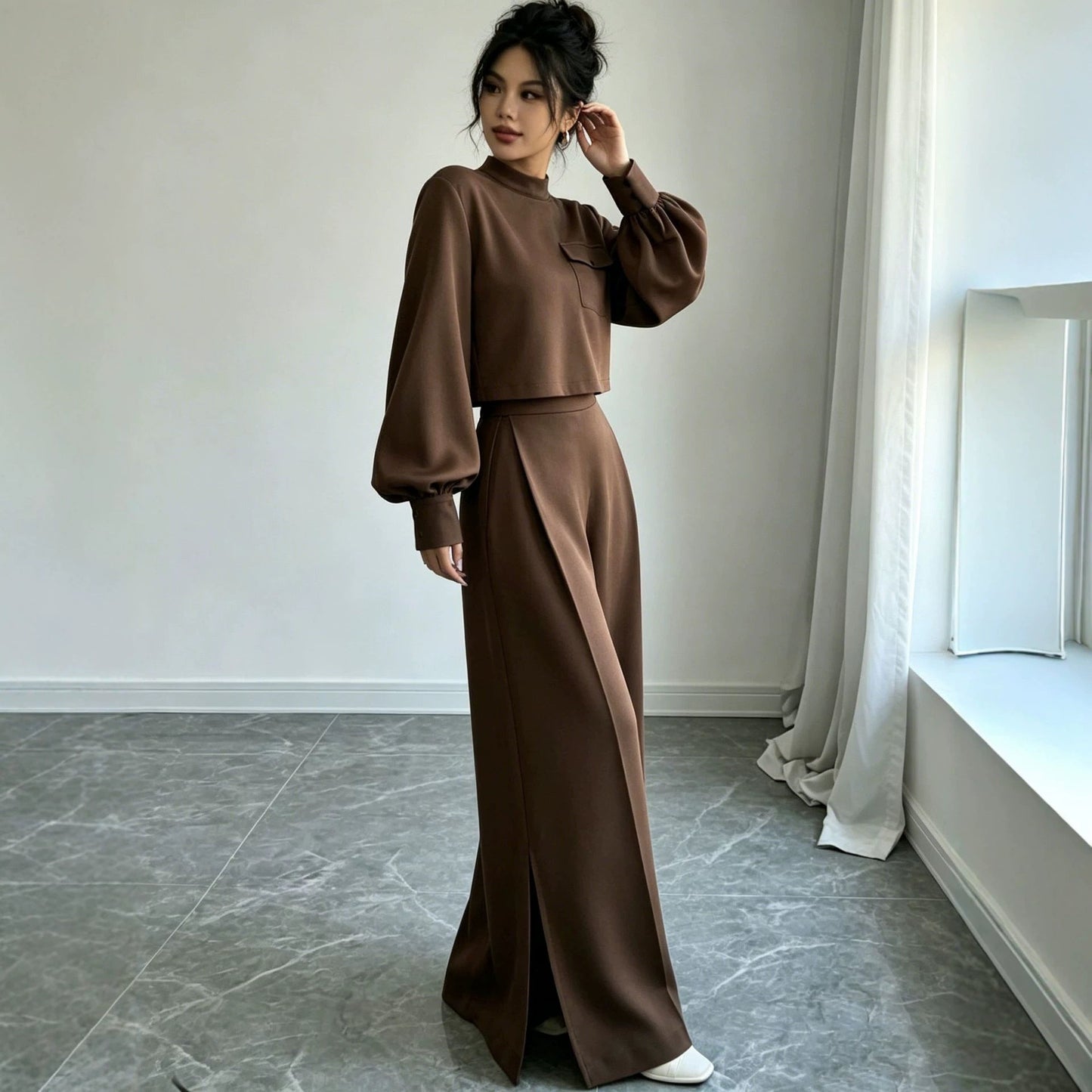 Solid Color Wide Leg Pants Set for Women – Long Sleeve Two-Piece