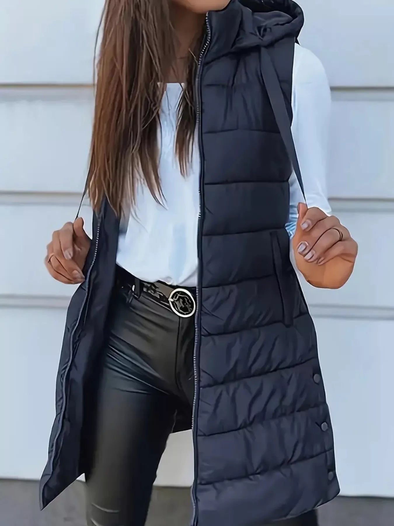 Zip Up Longline Hooded Puffer Vest Coat