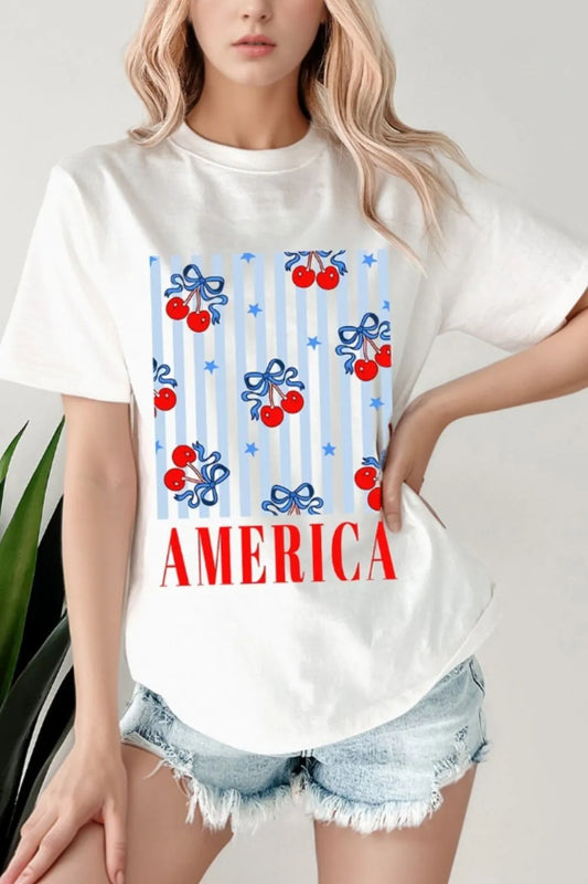 Bow Cherry AMERICA Graphic Crewneck Patriotic T Shirt