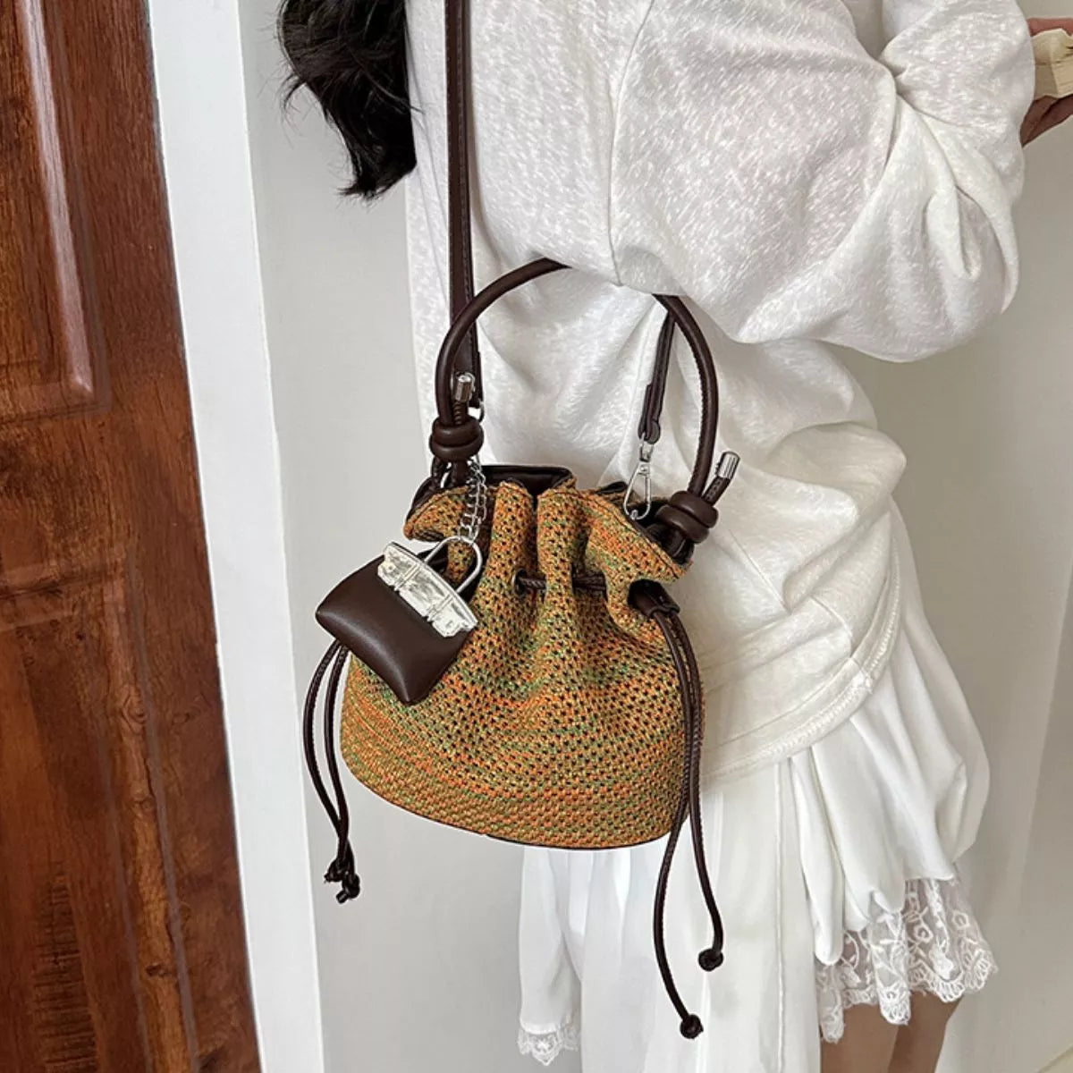 Woven Drawstring Crossbody Bag